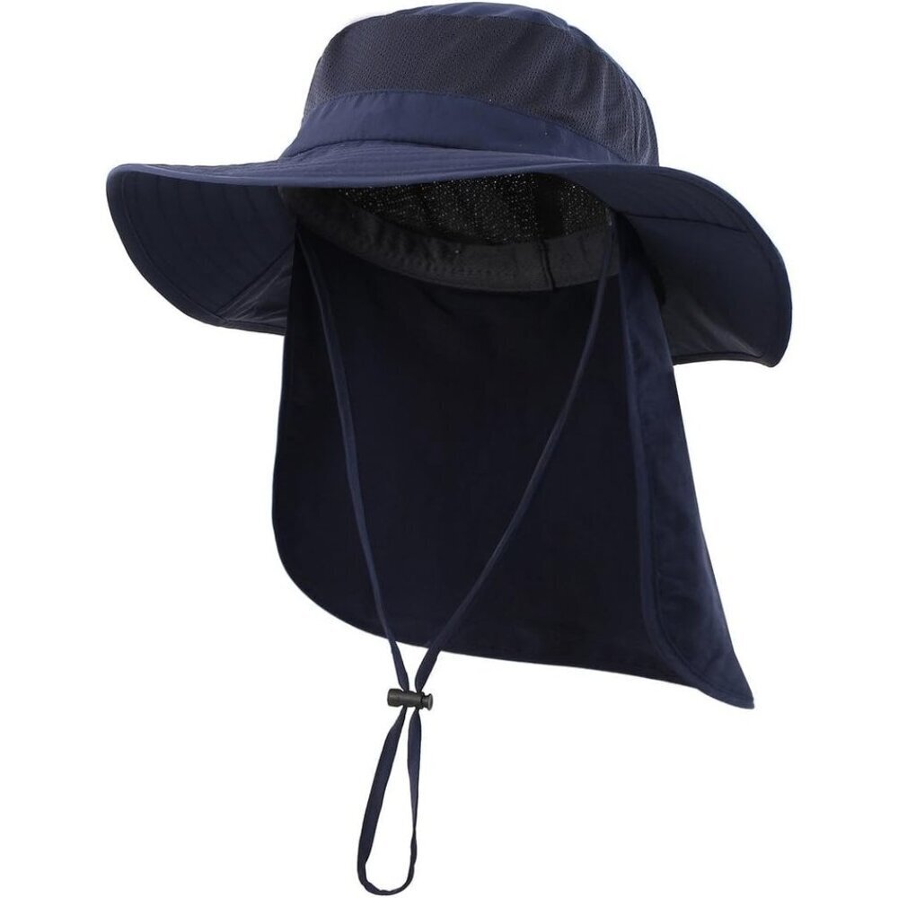 Unisex Blue 100% Polyester Wide Brim Mesh Vent Neck Flap Adjustable Fishing Hat
